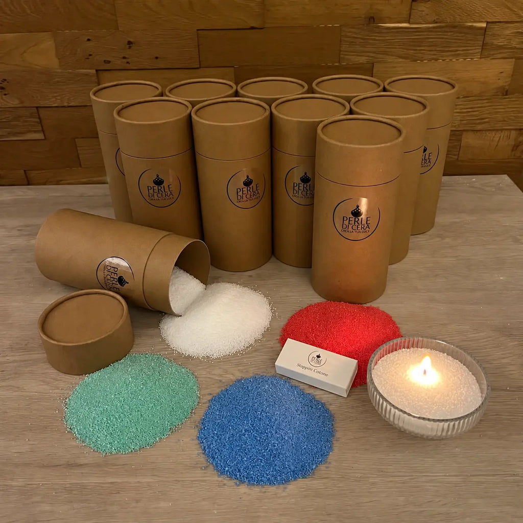 Dieci kit regalo aziendali Perledicera in tubo di carta con Perle di Cera colorate e stoppini in cotone