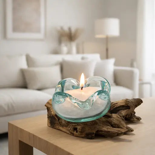 Candela con perle di cera in Vetro fuso su legno