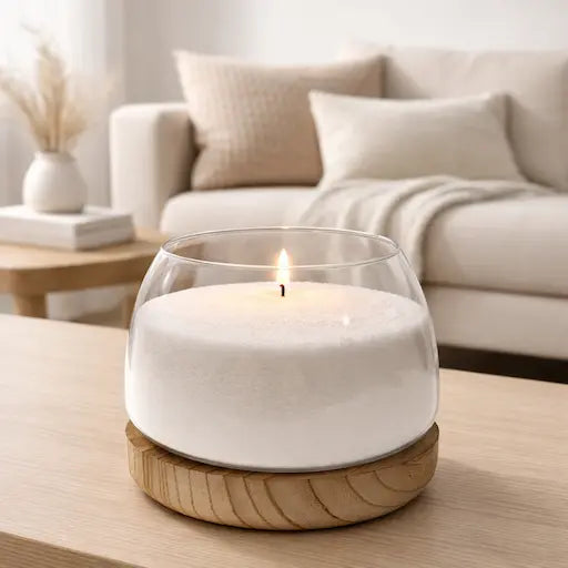 candela con Perle di cera su vaso in vetro