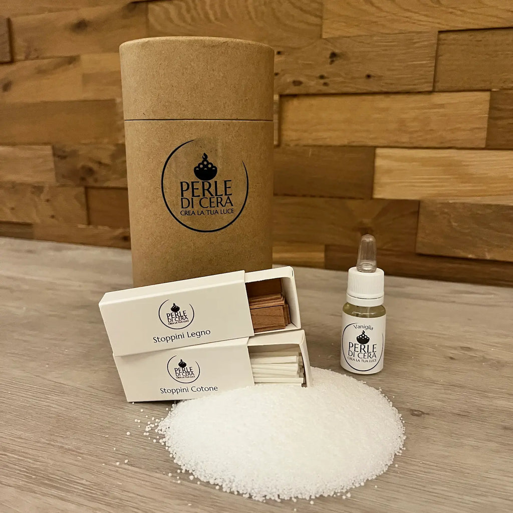 Kit Profumato Perledicera: Perle di Cera, essenza profumata, stoppini in legno e in cotone