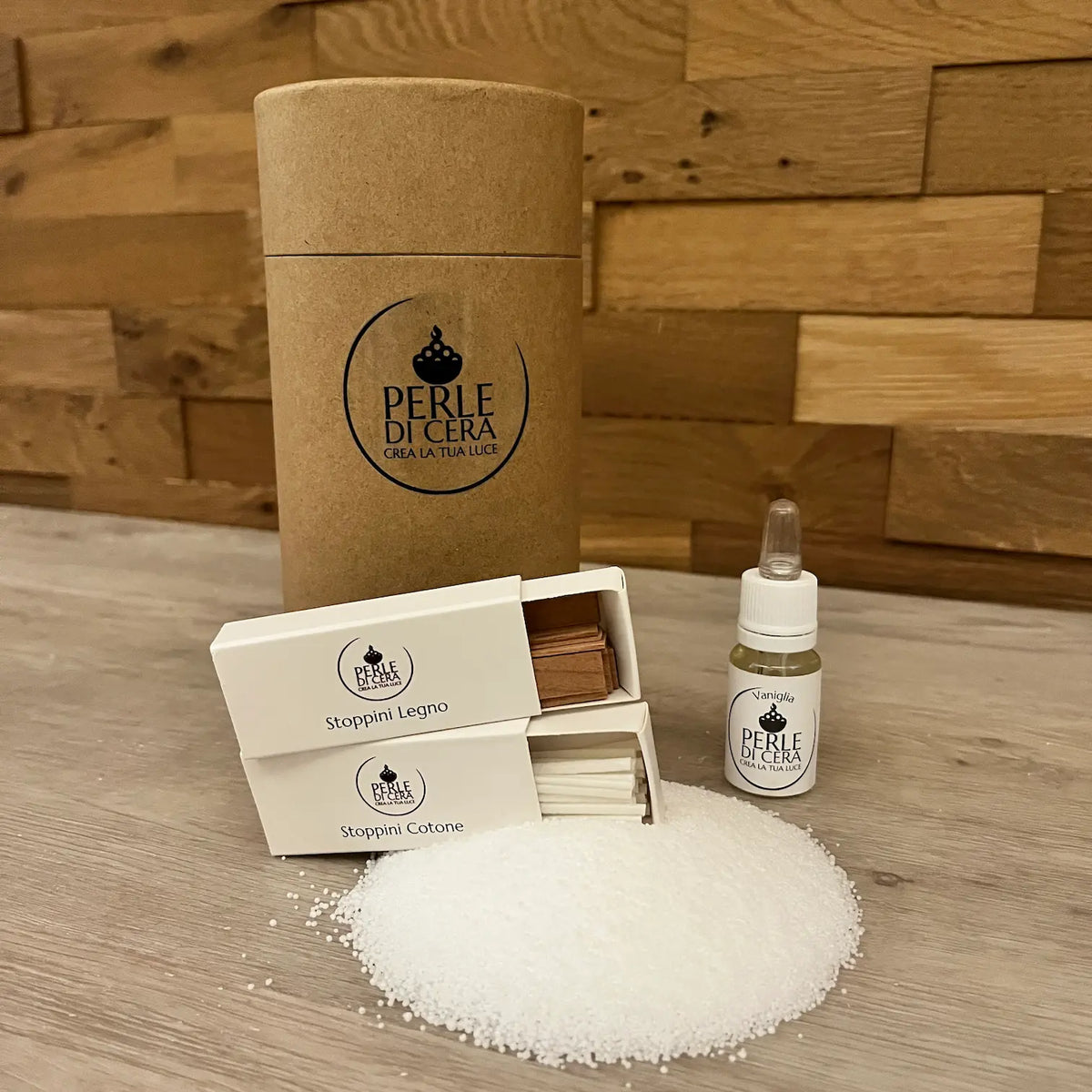 Kit Profumato Perledicera: Perle di Cera, essenza profumata, stoppini in legno e in cotone